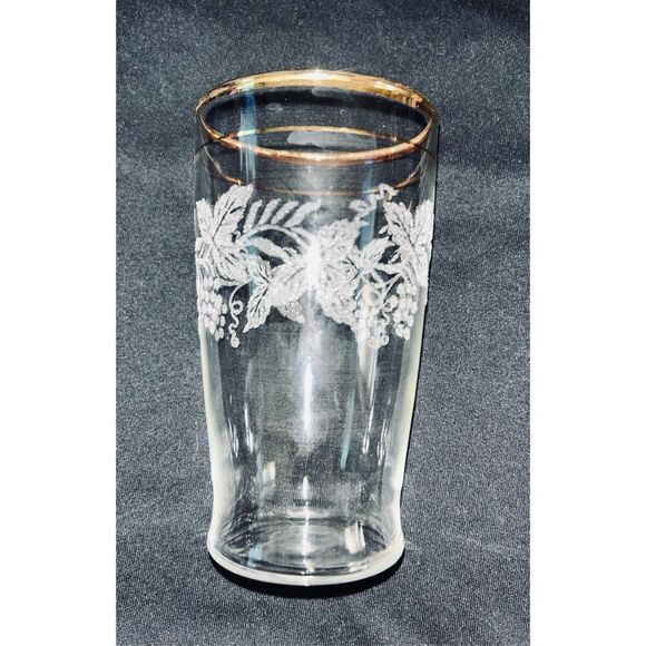 5 Vintage Bartlett Collins 4.75 " Frosted Grape Leaf Etched Gold Rim Glasses - Picture 2 of 3